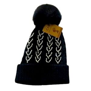 C & K black stone Pom hand finished knit hat